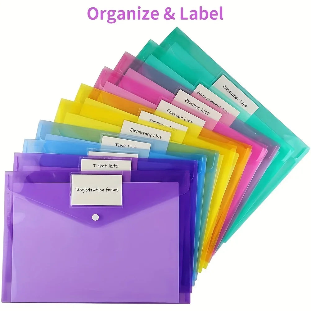 10/5pcs A4 Folders Plastic Envelopes Clear File Folder for Document Poly File with Label Pocket Snap Button for Office Organizer