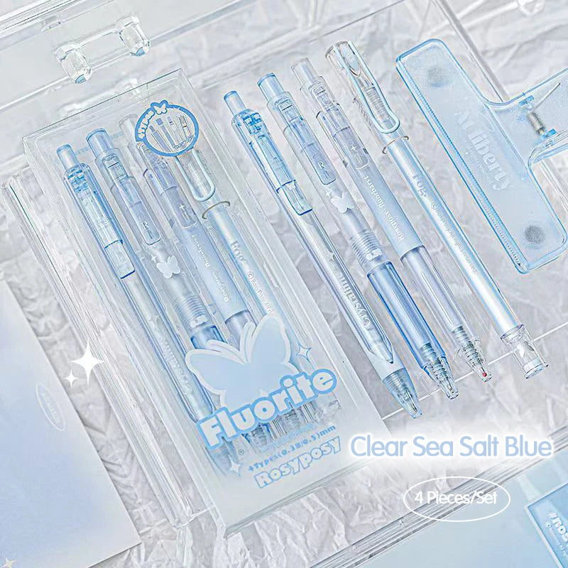 4PCS Matte Silver Printed Fluorite Neutral Pen Set with Clear and Transparent Style Neutral Pen Stationery