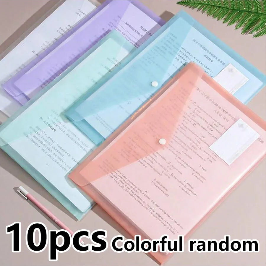 10/5 A4 Transparent Polypropylene File Bags with Press-Stud Closure, Waterproof Document Storage Pouch, Multiple Pastel Col (Pin