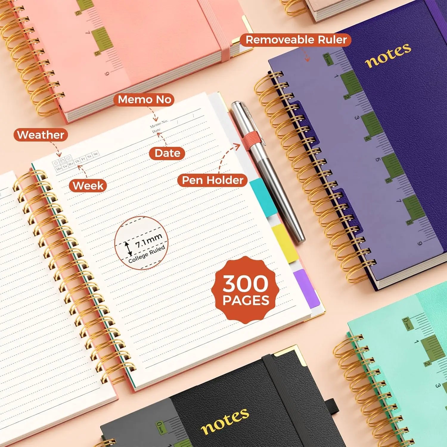 5-Subject Spiral Notebook with Dividers, 300 Pages, 8x10 B5 Size, College Ruled for School & Work