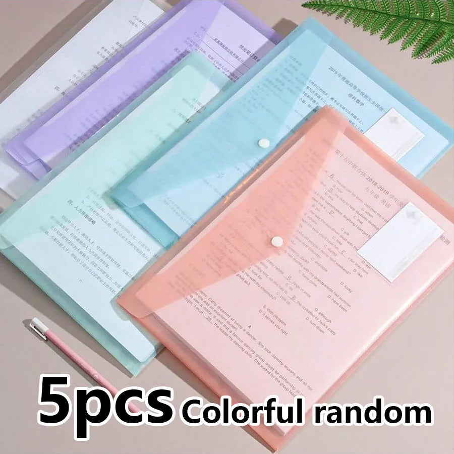 10/5 A4 Transparent Polypropylene File Bags with Press-Stud Closure, Waterproof Document Storage Pouch, Multiple Pastel Col (Pin