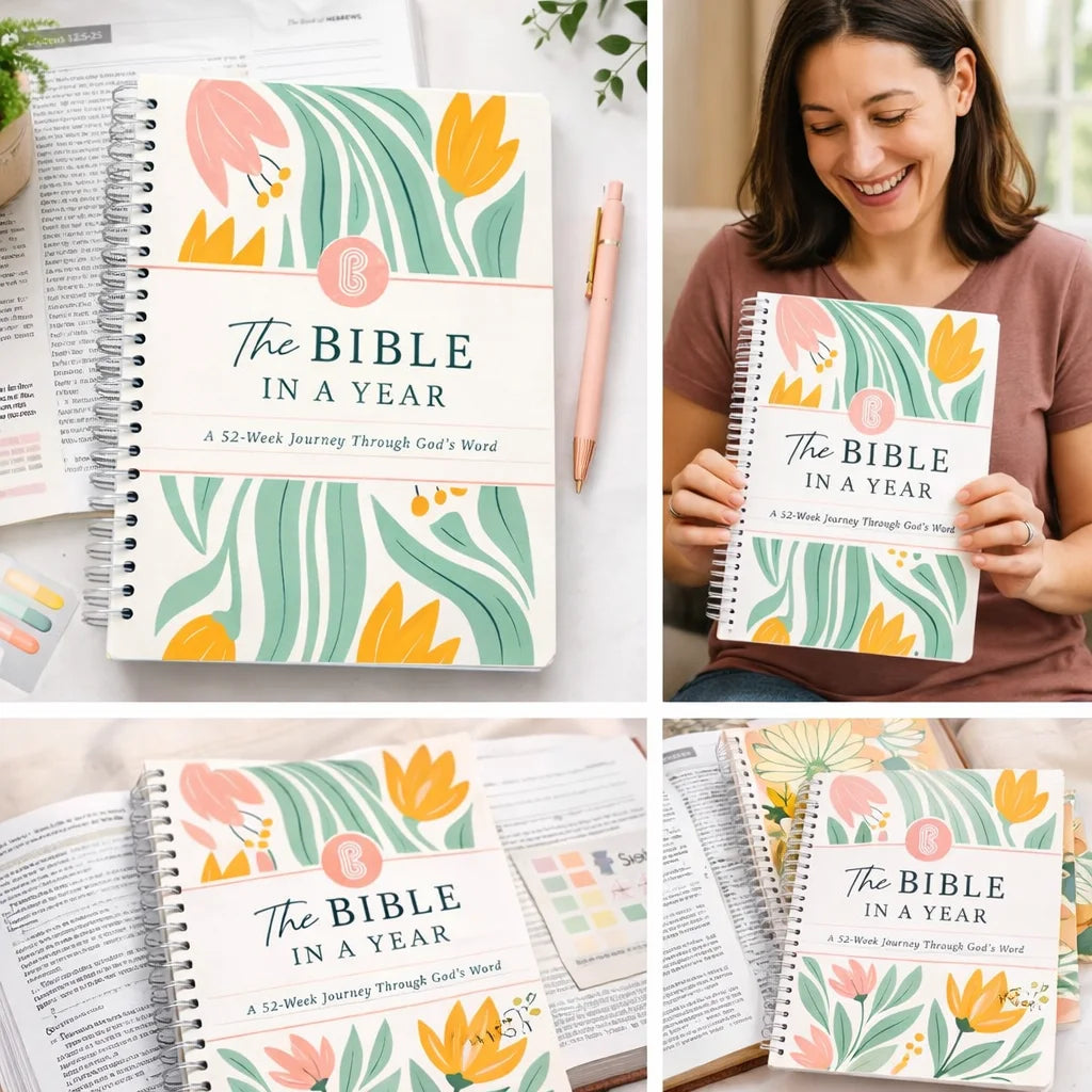 1/2-Set A5 "Bible in a Year: 52-Week Study Spiral Notebook" with Guide, Women's Bible Study Plan, Holiday Gift