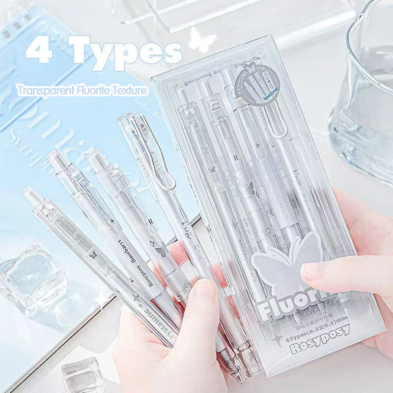 4PCS Matte Silver Printed Fluorite Neutral Pen Set with Clear and Transparent Style Neutral Pen Stationery