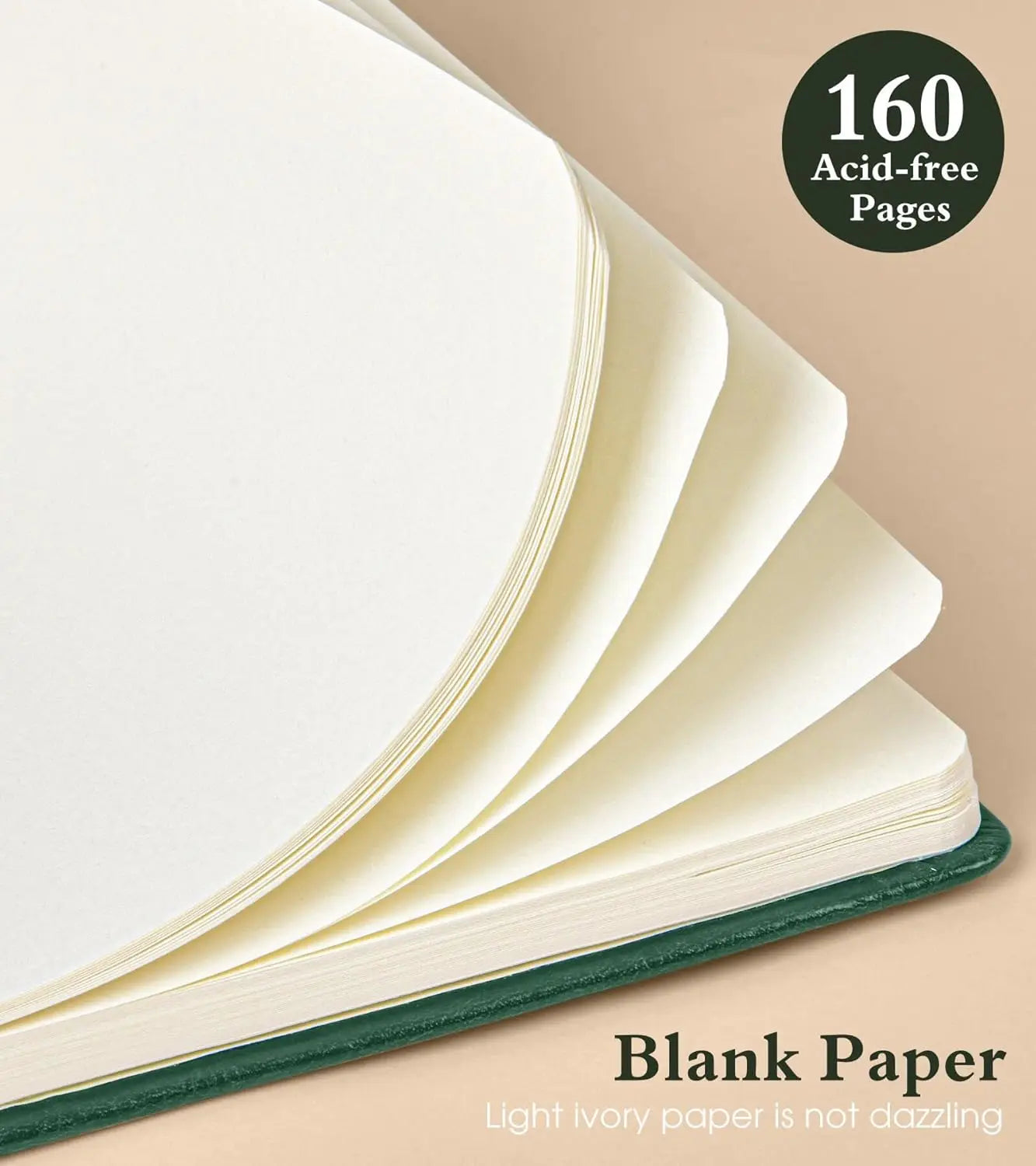 A5 Hardcover Blank Journal, 160 Pages for Drawing, Writing, Travel - Unlined Notebook with Elastic Closure (Green)