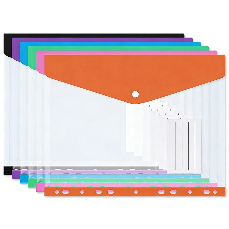 6Pcs A4 Plastic Envelopes with Snap Buttons, 11-Hole Expanding File Folders for 2/3/4 Ring Binders, School & Office Supplies