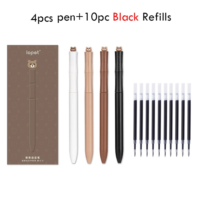 Lopet Kawaii Gel Pens 4pcs Rotating Twist Pen Signature Canetas Panda Cute Black Ink Brush Pens School Office Stationery Supplie