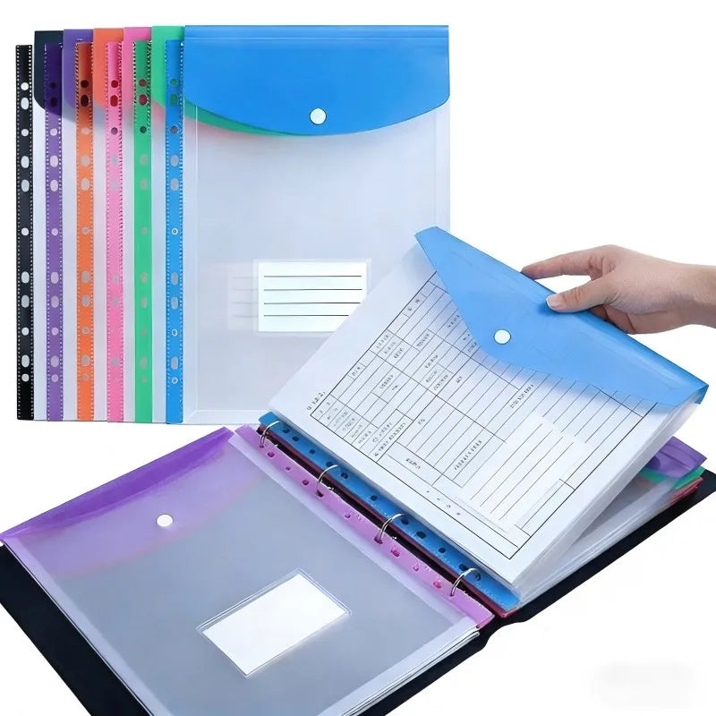 6Pcs A4 Plastic Envelopes with Snap Buttons, 11-Hole Expanding File Folders for 2/3/4 Ring Binders, School & Office Supplies