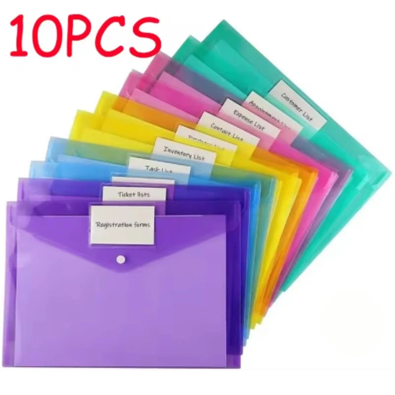 10/5pcs A4 Folders Plastic Envelopes Clear File Folder for Document Poly File with Label Pocket Snap Button for Office Organizer
