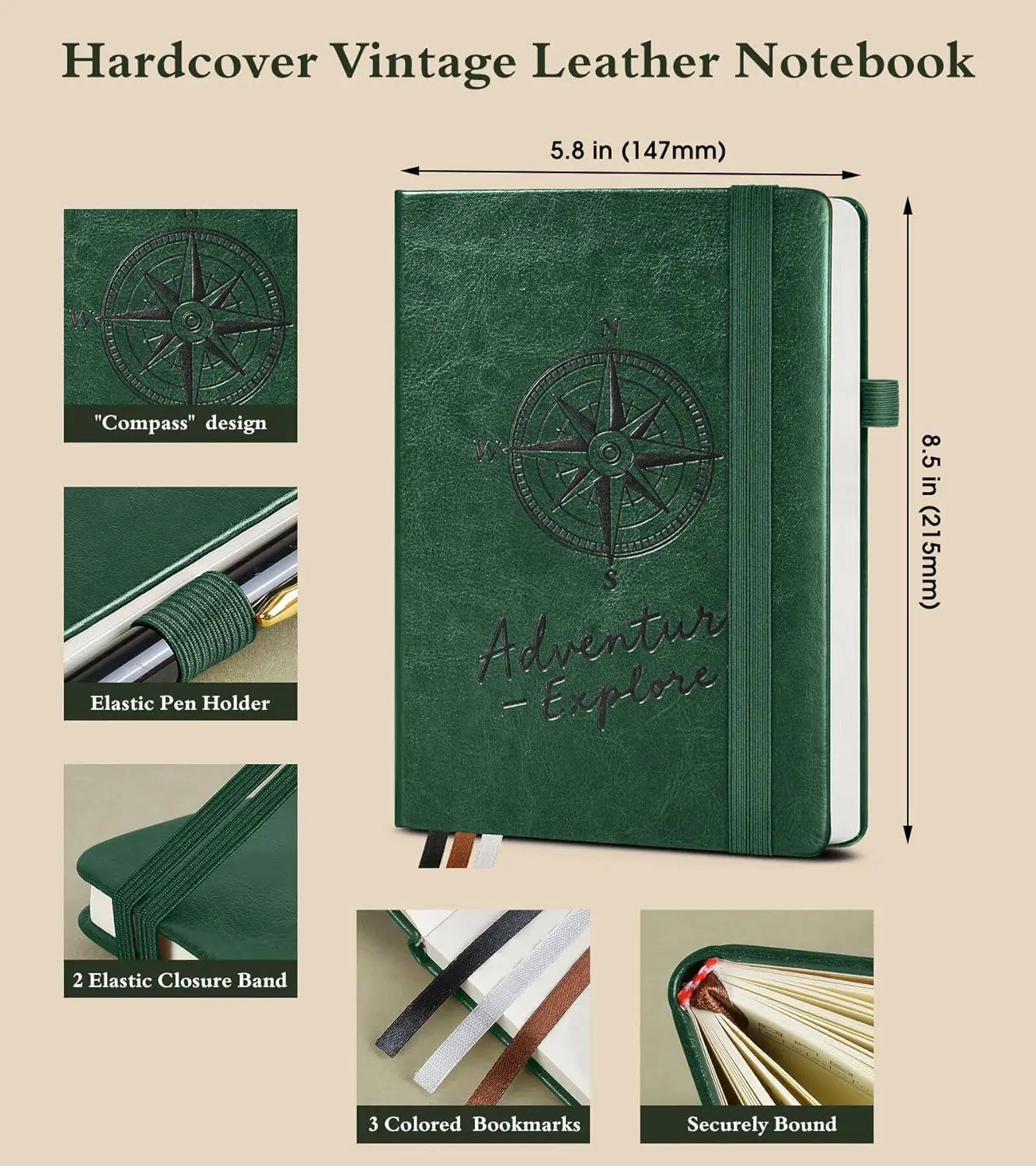 A5 Hardcover Blank Journal, 160 Pages for Drawing, Writing, Travel - Unlined Notebook with Elastic Closure (Green)