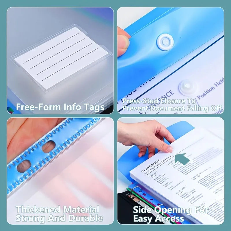 6Pcs A4 Plastic Envelopes with Snap Buttons, 11-Hole Expanding File Folders for 2/3/4 Ring Binders, School & Office Supplies