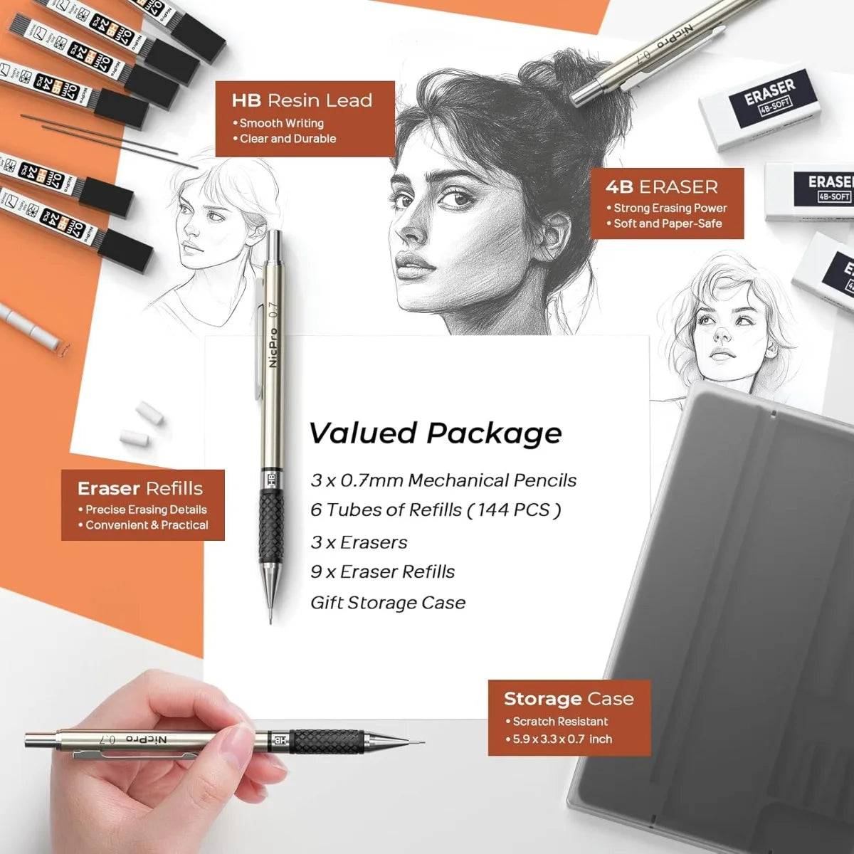 0.7 mm Art Mechanical Pencil Set in Storage Case, 3 PCS Metal Drafting Pencil Lead Pencil with 6 Tube HB Lead Refills, 3 Erasers