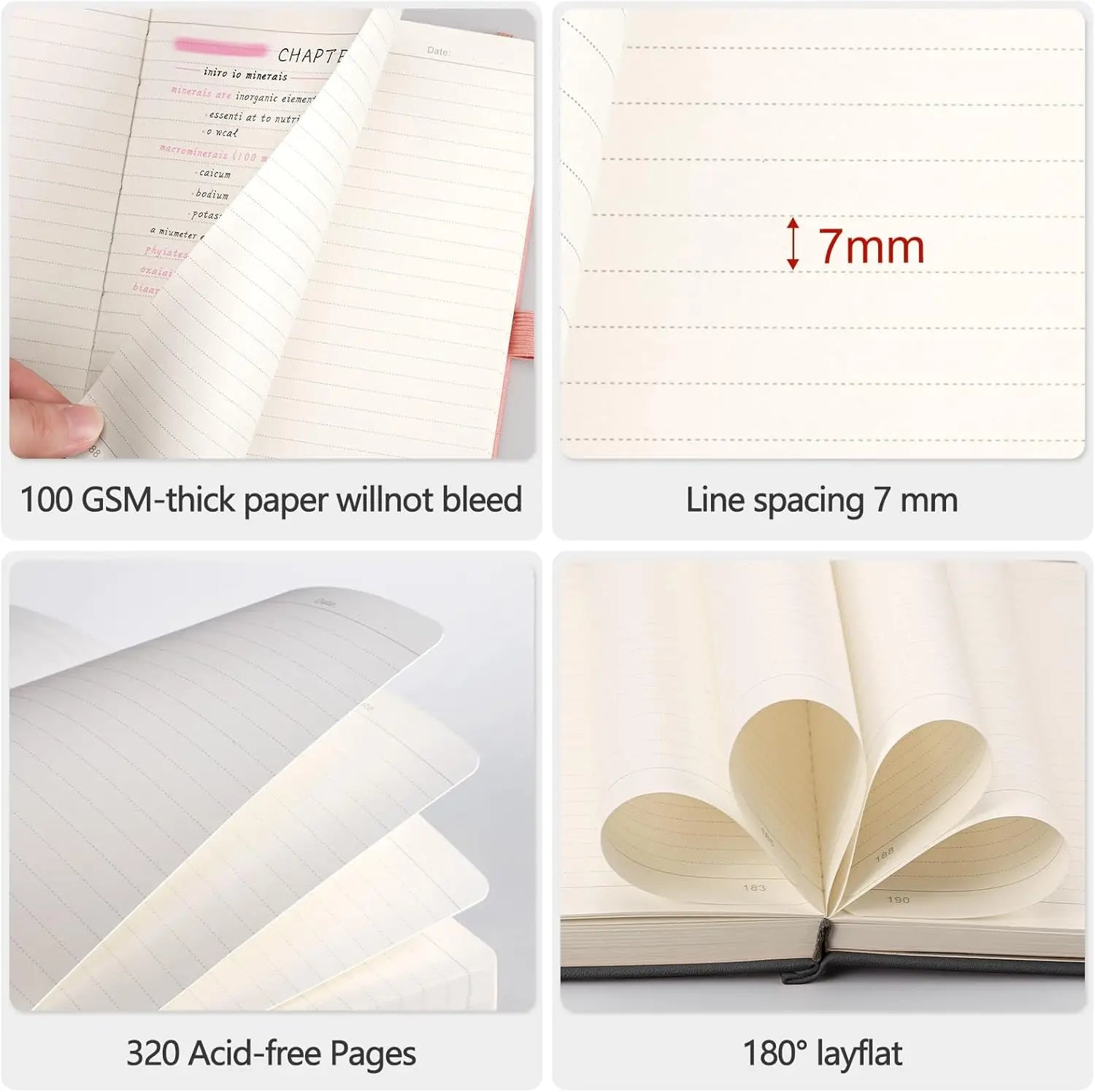 Thick Lined Notebook - 320 Numbered Pages, A5 College Ruled, Leather Hardcover for Writing Work Office School, Black