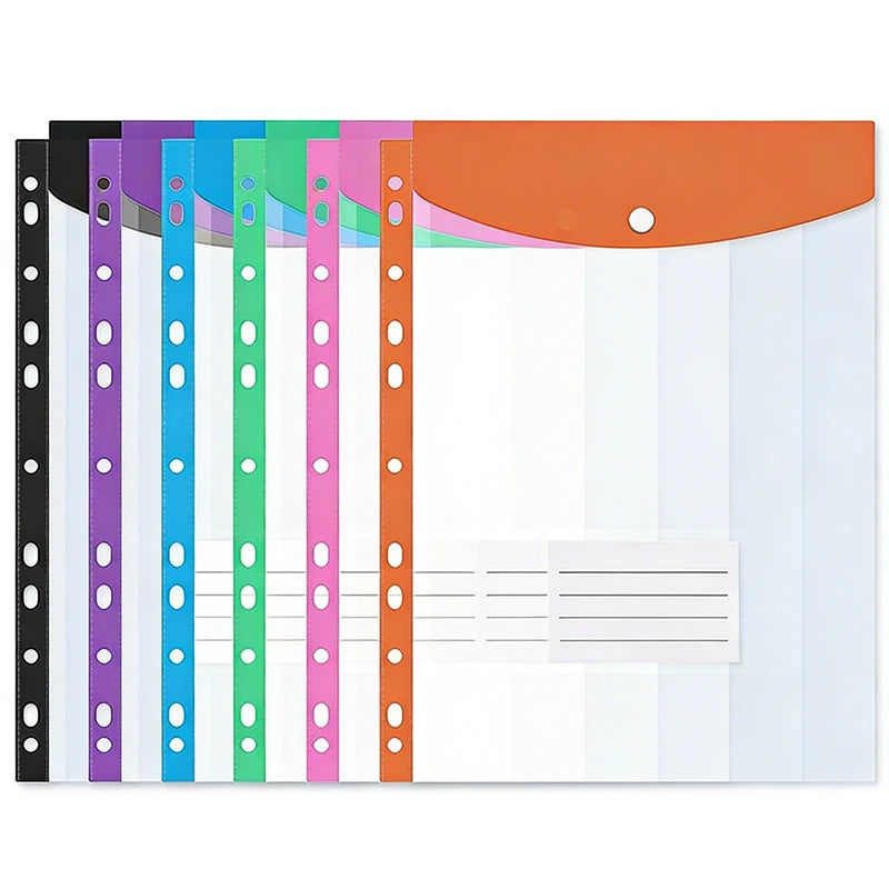 6Pcs A4 Plastic Envelopes with Snap Buttons, 11-Hole Expanding File Folders for 2/3/4 Ring Binders, School & Office Supplies