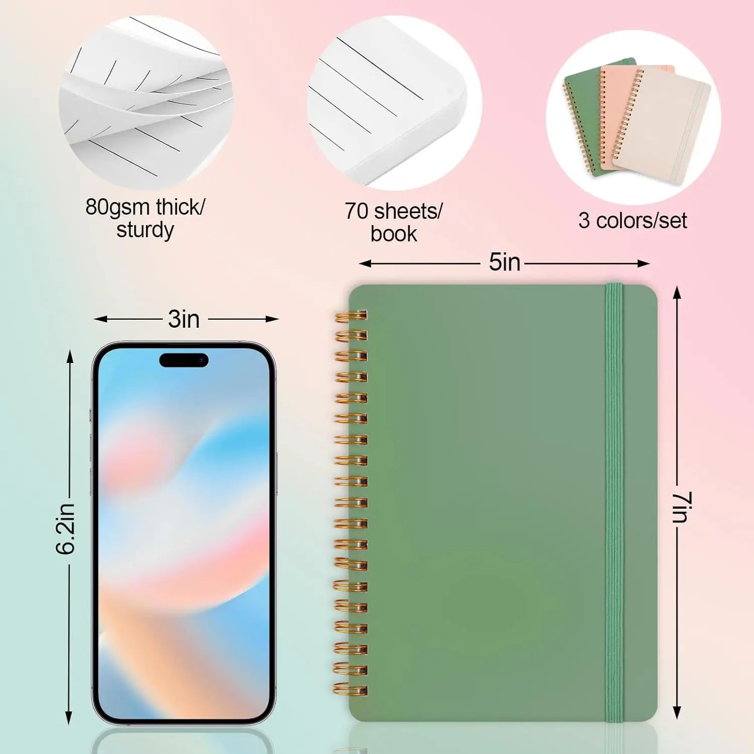 3-Pack Morandi Spiral Notebooks 5x7 with Strap, Cute Journals for Women, 70 Sheets Each