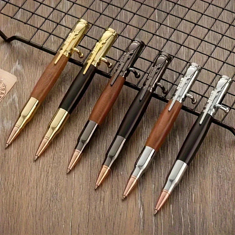 High-end Creative Bullet Bolt Action Black Ink Mahogany Ebony Metal Body Ballpoint Pen Decompression Retractable Business Gift