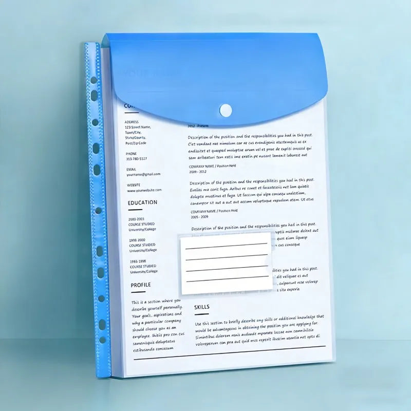 6Pcs A4 Plastic Envelopes with Snap Buttons, 11-Hole Expanding File Folders for 2/3/4 Ring Binders, School & Office Supplies