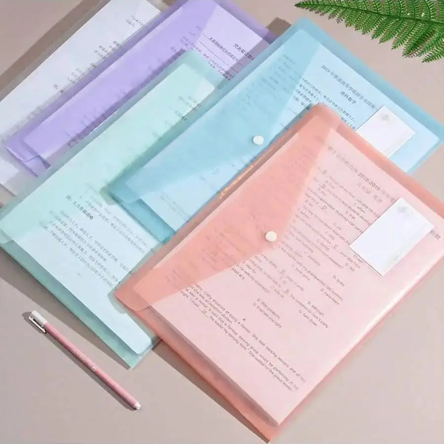 10/5 A4 Transparent Polypropylene File Bags with Press-Stud Closure, Waterproof Document Storage Pouch, Multiple Pastel Col (Pin